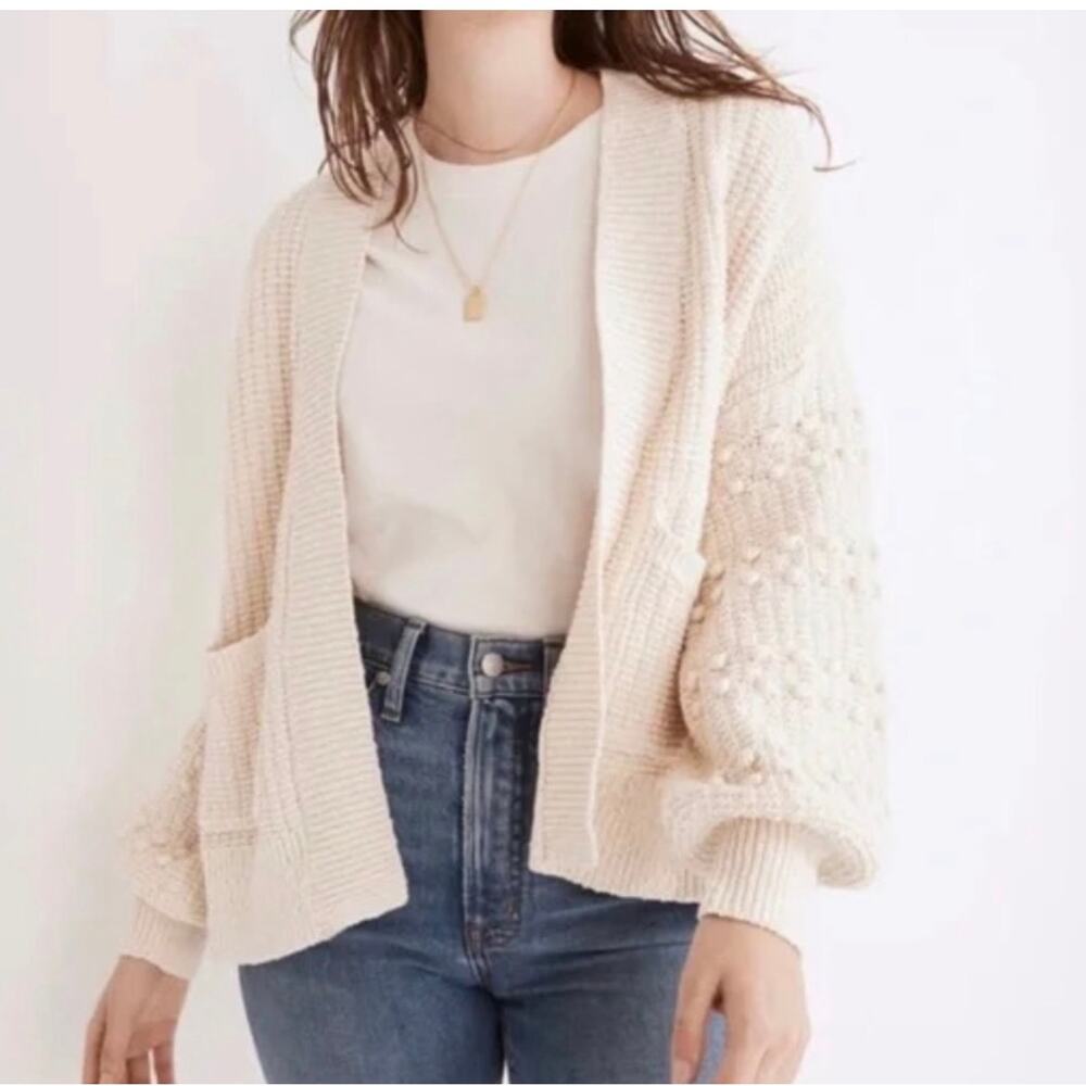 Madewell Chunky Bobble Cardigan Open Sweater Balloon Sleeve White Size Small